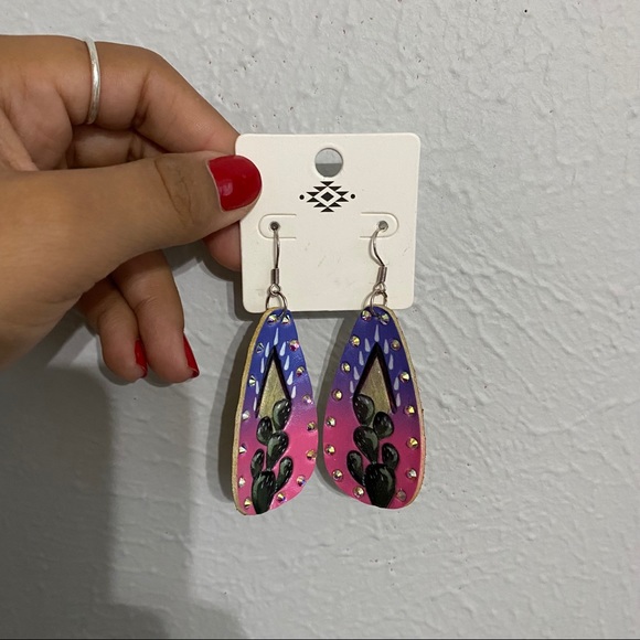 Pink and Purple Leather Earrings with Cactuses - Picture 1 of 2